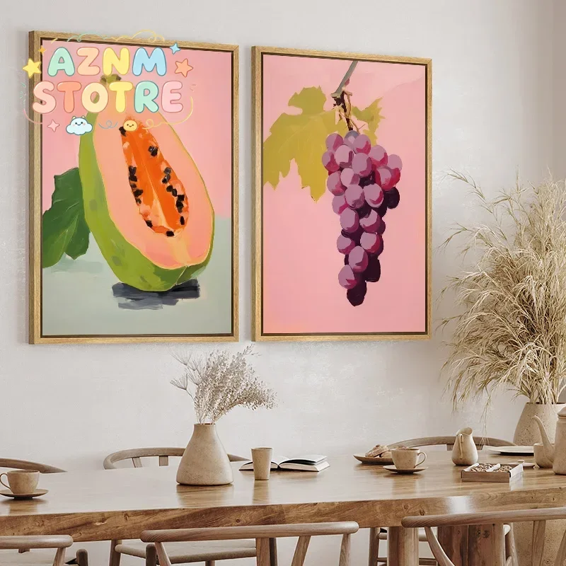 Fruit Market Blueberry Cherry Grapes Lemon Papaya Pear Peach Canvas Poster Wall Art for Kitchen Home Decor Gift