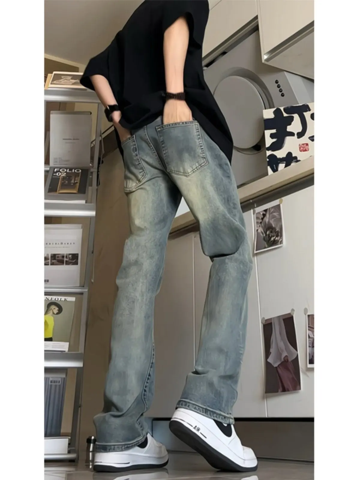 

Slimming Straight Leg Vintage Blue Jeans High Street Sle Men's Casual Waed Denim Pants mid Waist Tapered Cuff