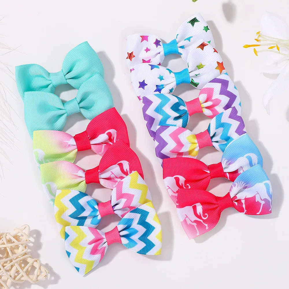 

20pcs Random color Sweet Girls Prited Flower Bow Hair Clip Children Simple Rainbow Hairpins Princess Hair Accessories Wholesale