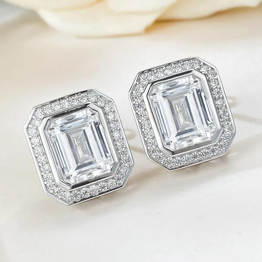 Vinregem 8*10 MM Emerald Cut Lab Sapphire High Carbon Diamond Gemstone Stud Earrings 100% 925 Sterling Silver Jewelry Wholesale