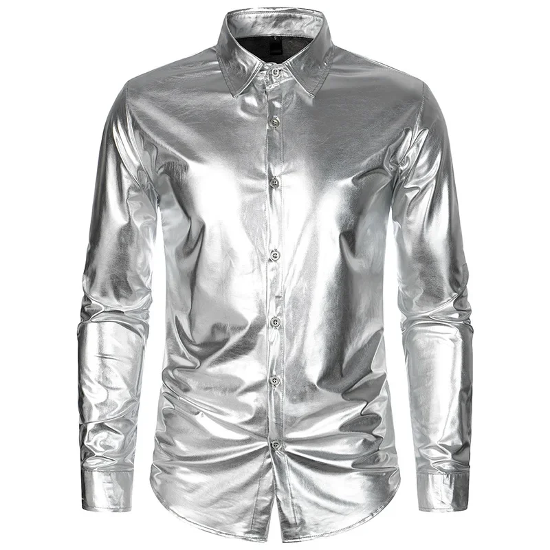 Men's Shiny Nightclub Long Sleeved Shirt  Button Up Gold Shinny Costume Homme Men Night Club Party Shirt For Gold Silver Colors
