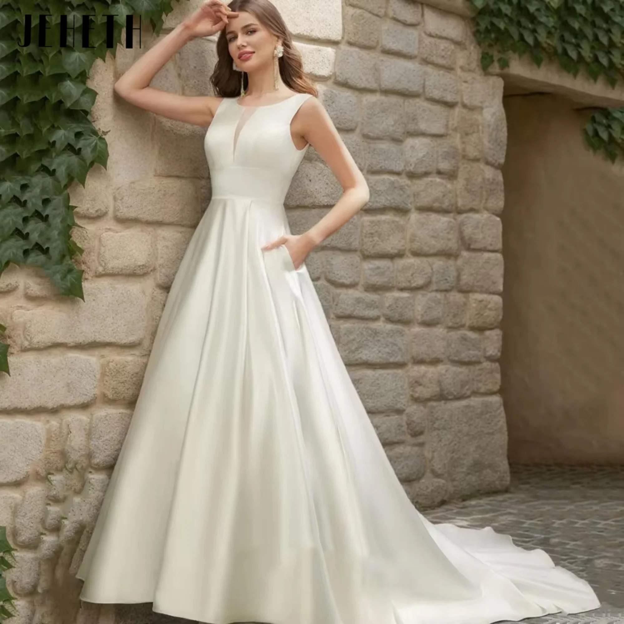 

JEHETH Simple Elegant Wedding Dresses A Line Bride Robe Tank O Neck Bridal Gowns Button New Vestidos De Noiva 2025 Customized