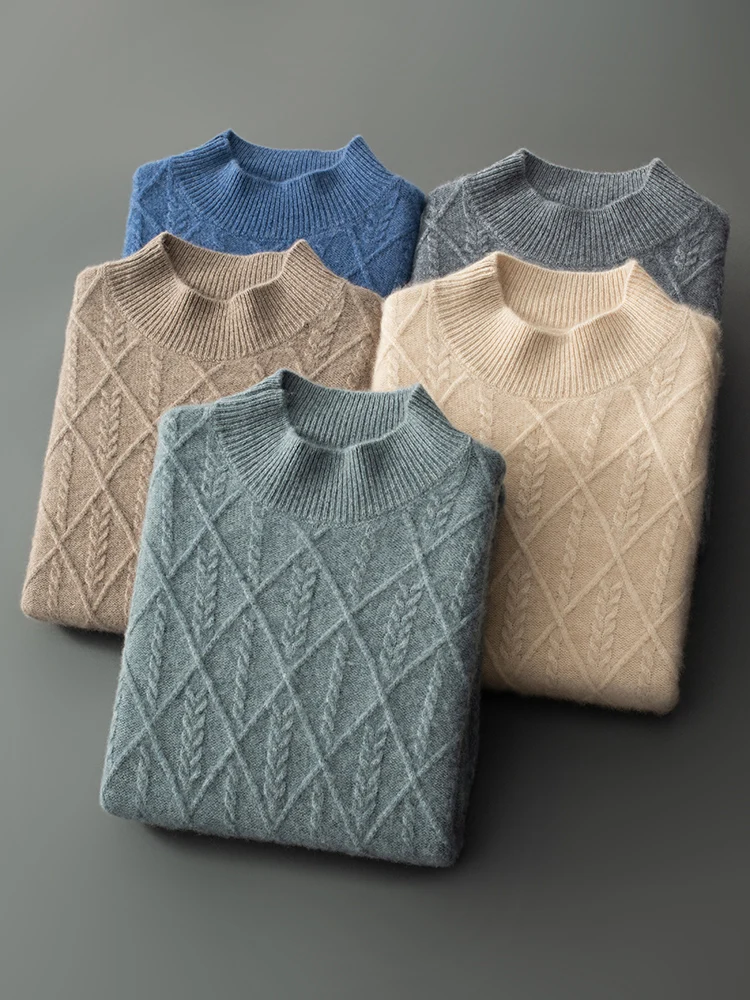 

Men's Half-high Collar Pullover 100% Cashmere Sweater Autumn Winter Diamond Grid Knit Business Casual Loose Large Size Jacket
