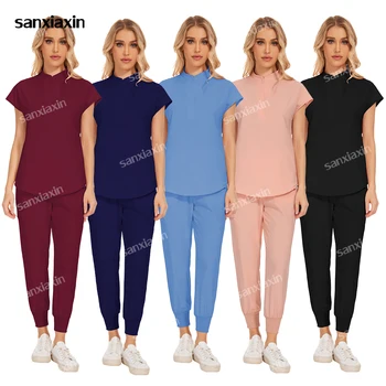 ผู้หญิงเครื่องแบบทางการแพทย์ยืดหยุ่นขัดชุดโรงพยาบาลผ่าตัด Workwear แขนสั้นกางเกงพยาบาลอุปกรณ์เสริมแพทย์เสื้อผ้า