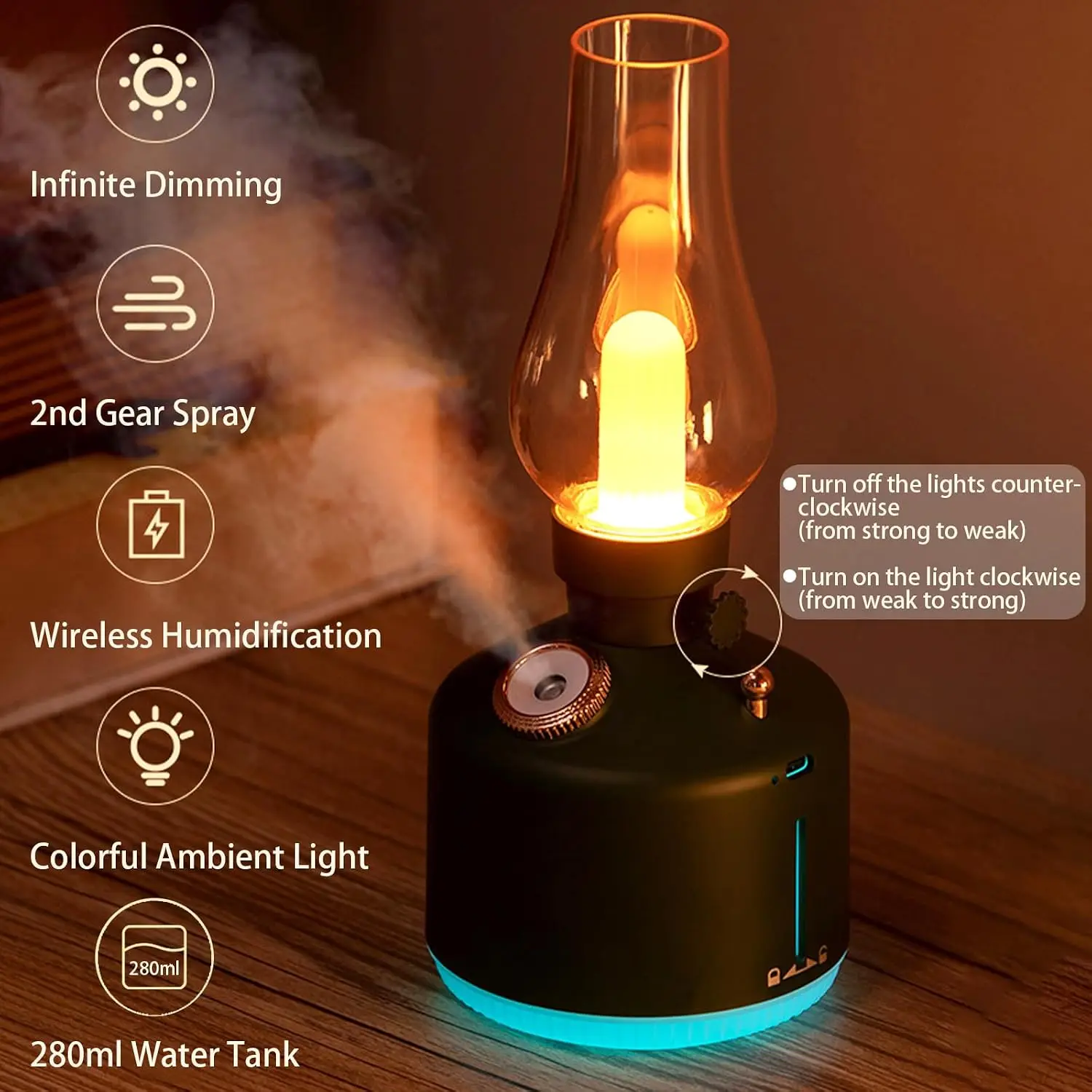 Bedroom Humidifiers,2-Gear Spray Adjusted 1200mAh Desk Humidifier,280ml Retro Humidifier with Color LED Night Light