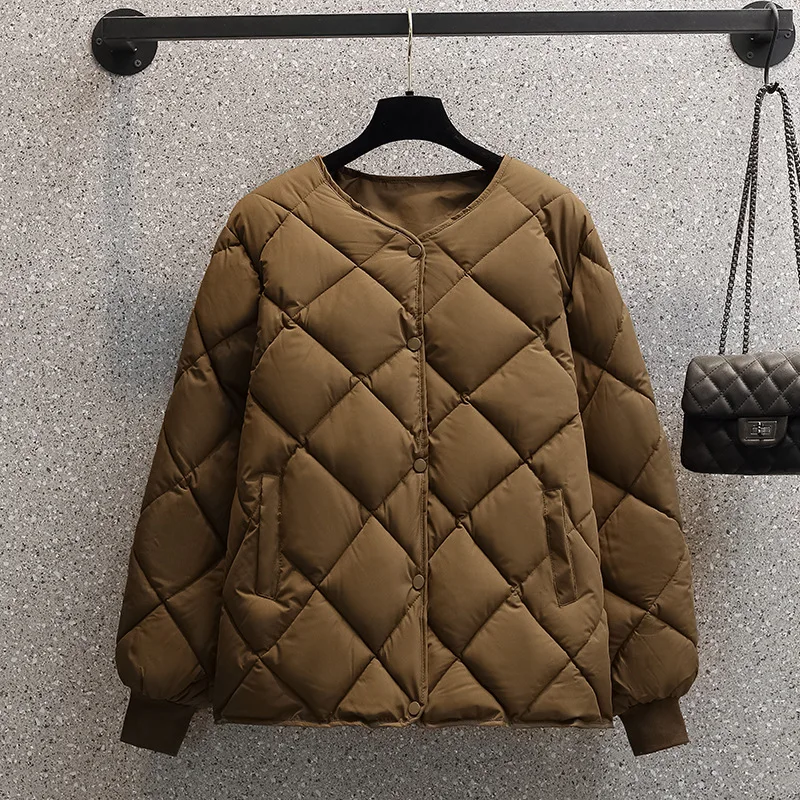 Korean Style Diamond Pattern down Cotton Jacket Women's Short Loose Baseball Bread Coat Thick Outerwear for Small Figures