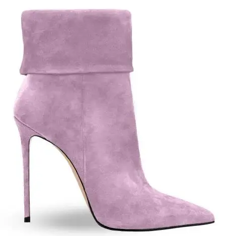 Hot Women Purple Blue Lavender Solid Suede Pointed Toe Turn Over Stiletto Ankle Boots Female Slim Slip On Short Booties Shoes
