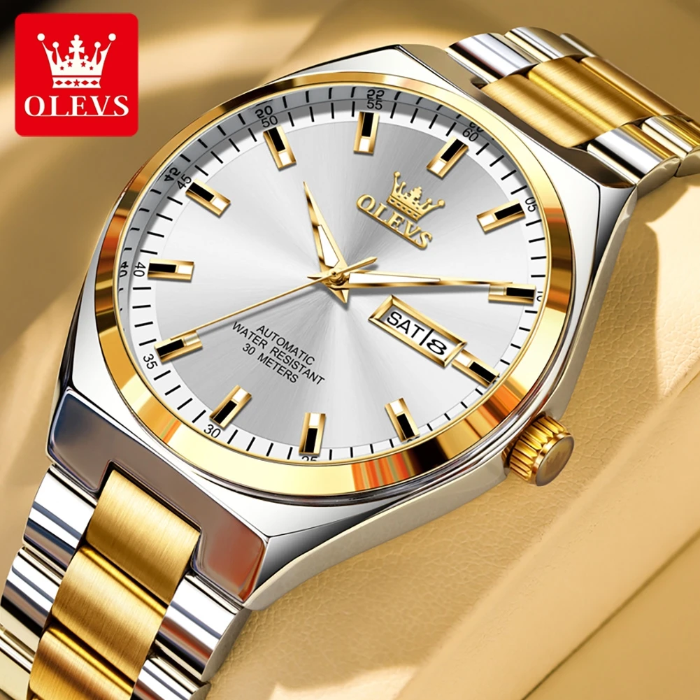 

OLEVS 9907 Top Brand Fashion Mechanical Watch For Men Week Calendar Display Luxury Hand Clock Simple Deep Waterproof Man Watches