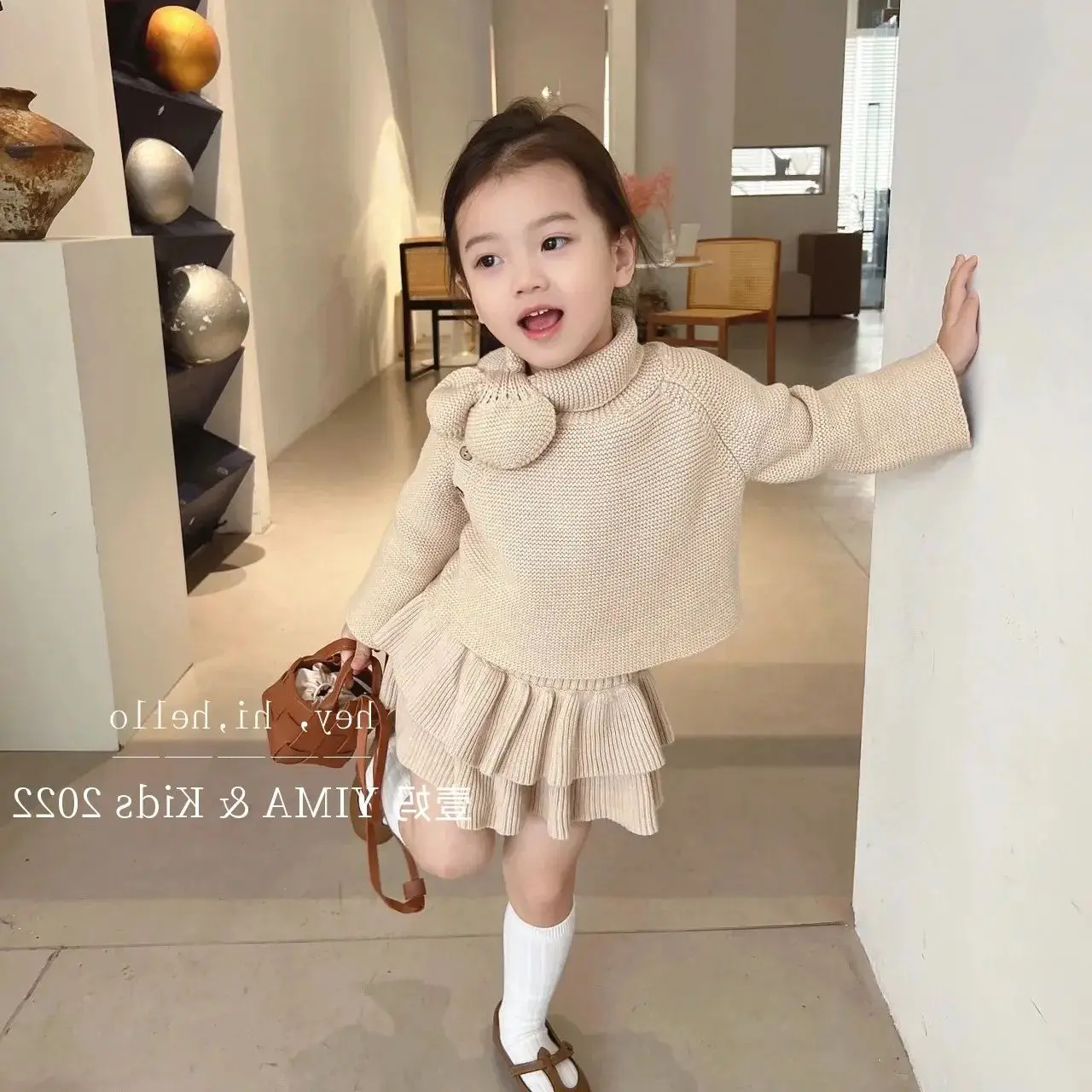 Kids Clothes Girls Pullover Bowknot Top Retro knitting Elegant Pleated Skirt Two Piece Set Girls Sweater Fashion Spring Autumn