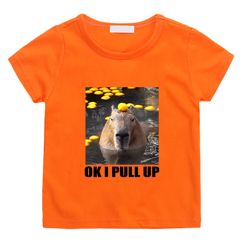 OK I PULL UP Capybara Cute Print Tee-shirt Short Sleeve 100% Cotton Children T-shirt Kawaii Cartoon Graphic Printing Tshirt Soft