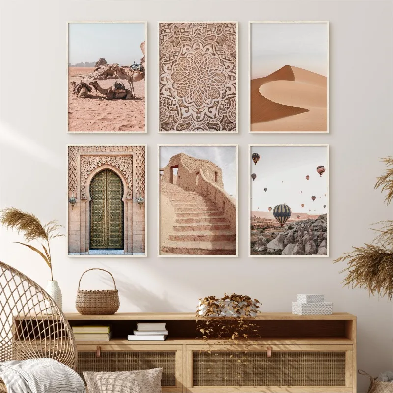 Boho Arabic Door Turkey Desert Camel Hot Balloon Posters and Prints Canvas Printing Wall Art Picture for Living Room Home Decor