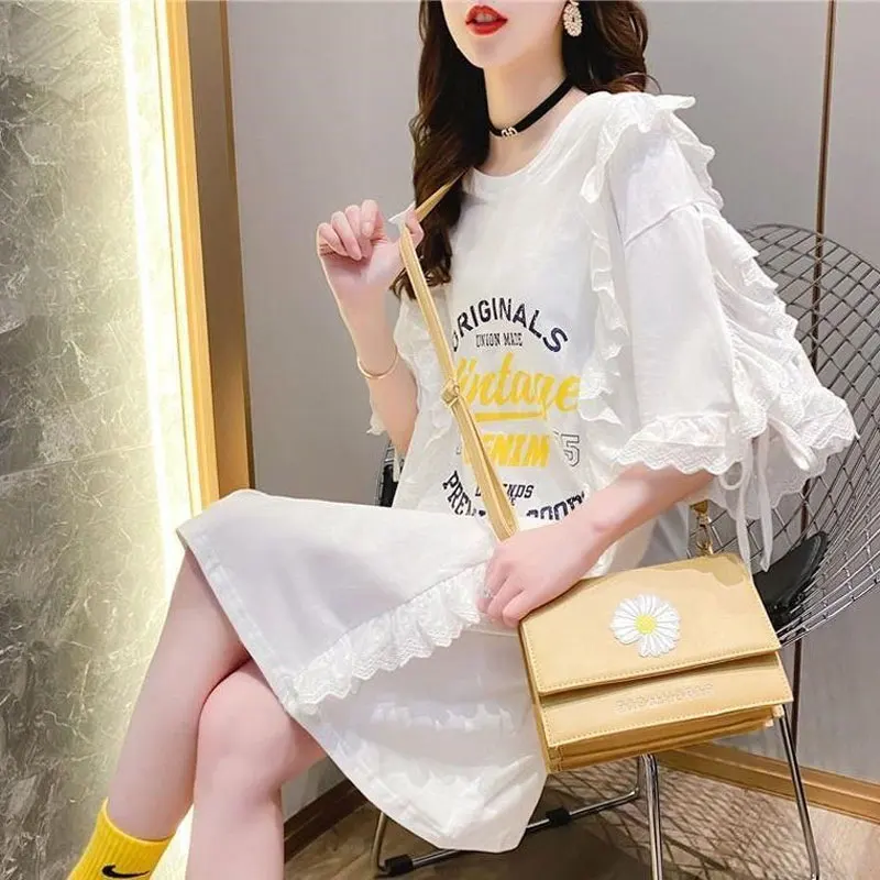 Commute Korean Letter Printed T-shirt Female Clothing Fashion Lace Patchwork Short Sleeve Summer Casual Loose O-Neck Pullovers