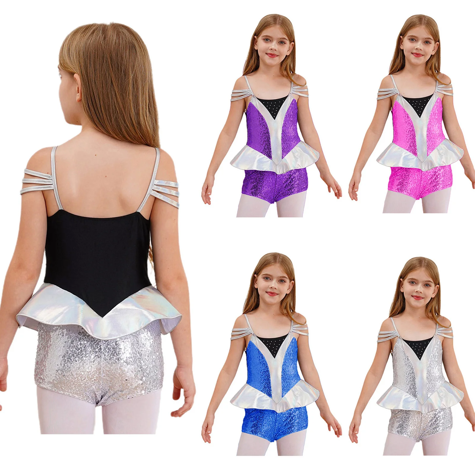 Kids Girls Alien Costume Halloween Robot Outer Space Themed Party Carnival Cosplay Jumpsuit Sleeveless Sequins Metallic Leotards