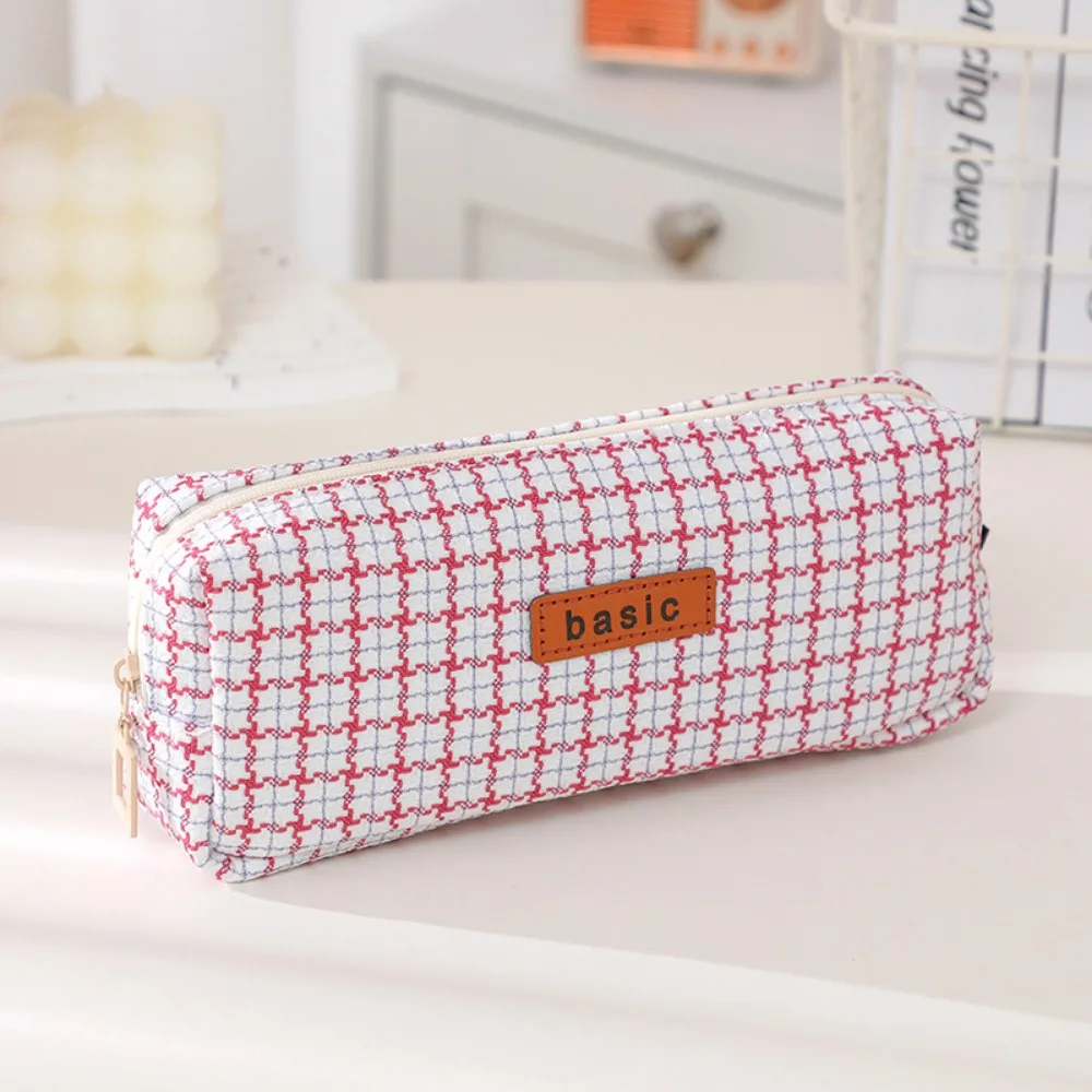 

Durable Kawaii Woven Pencil Case INS Simplicity Scratch-proof Cosmetic Storage Bag Canvas Plaid Large Capacity Pen Bag Travel