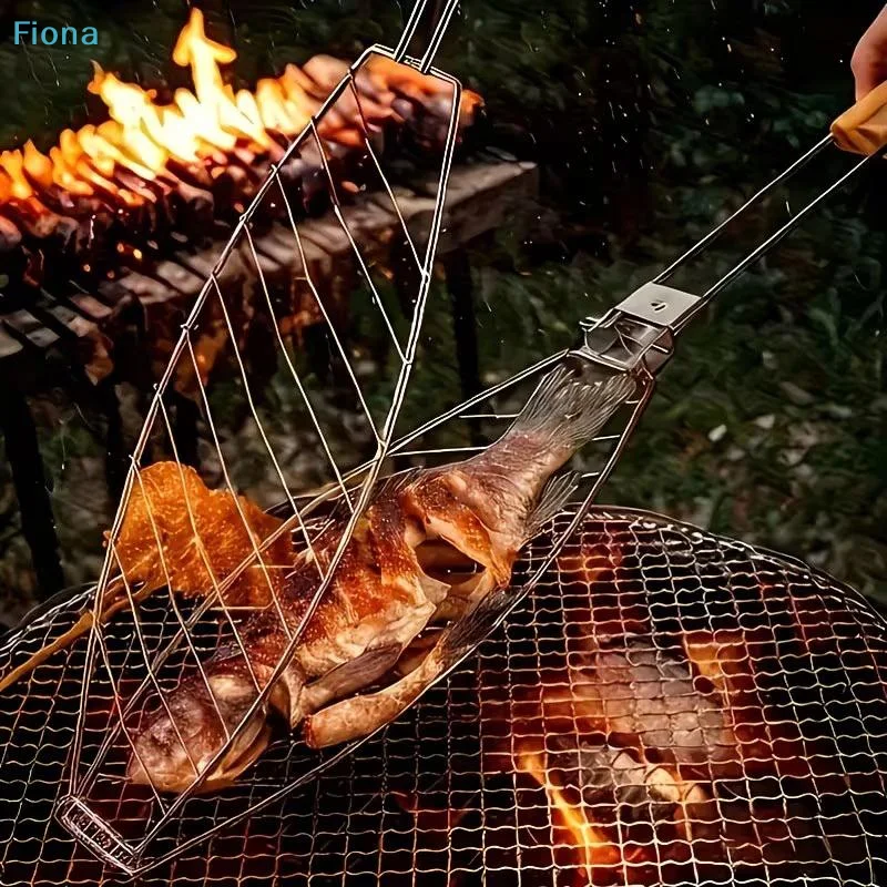 ☽Stainless Steel Fish Grilling Basket,Non-Stick BBQ Fish Holder with Wooden Handle for Outdoor Camping & Barbecue