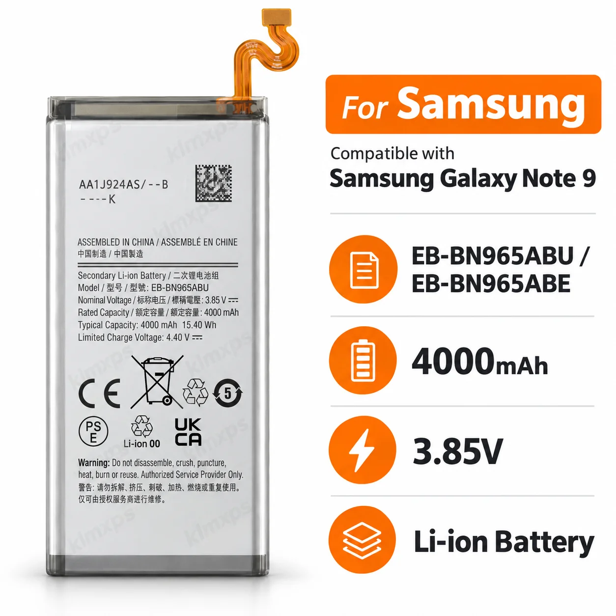 Premium Replacement Battery EB-BN965ABU EB-BN965ABE 4000mAh for Samsung Galaxy Note9 Note 9 SM-N9600 N960F N960U N960N N960W