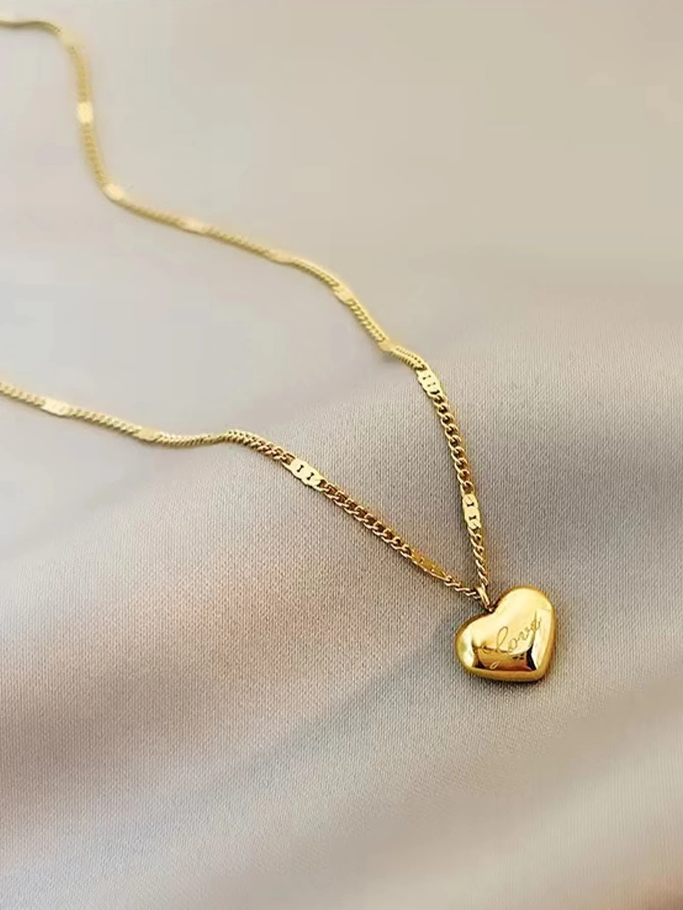 

Gold-Tone Heart Pendant Necklace with Engraved Script, Minimalist Chain Design