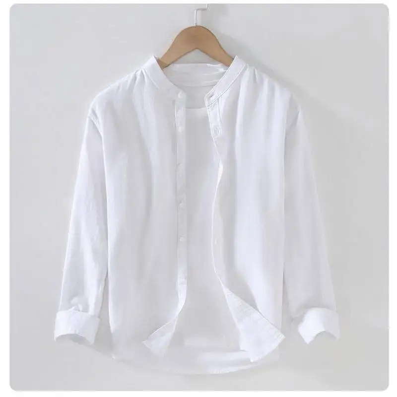 M-3XL Spring and Summer Stand Collar Plain Color Long-sleeve Vintage Men's Streetwear Single Breasted Linen Shirts