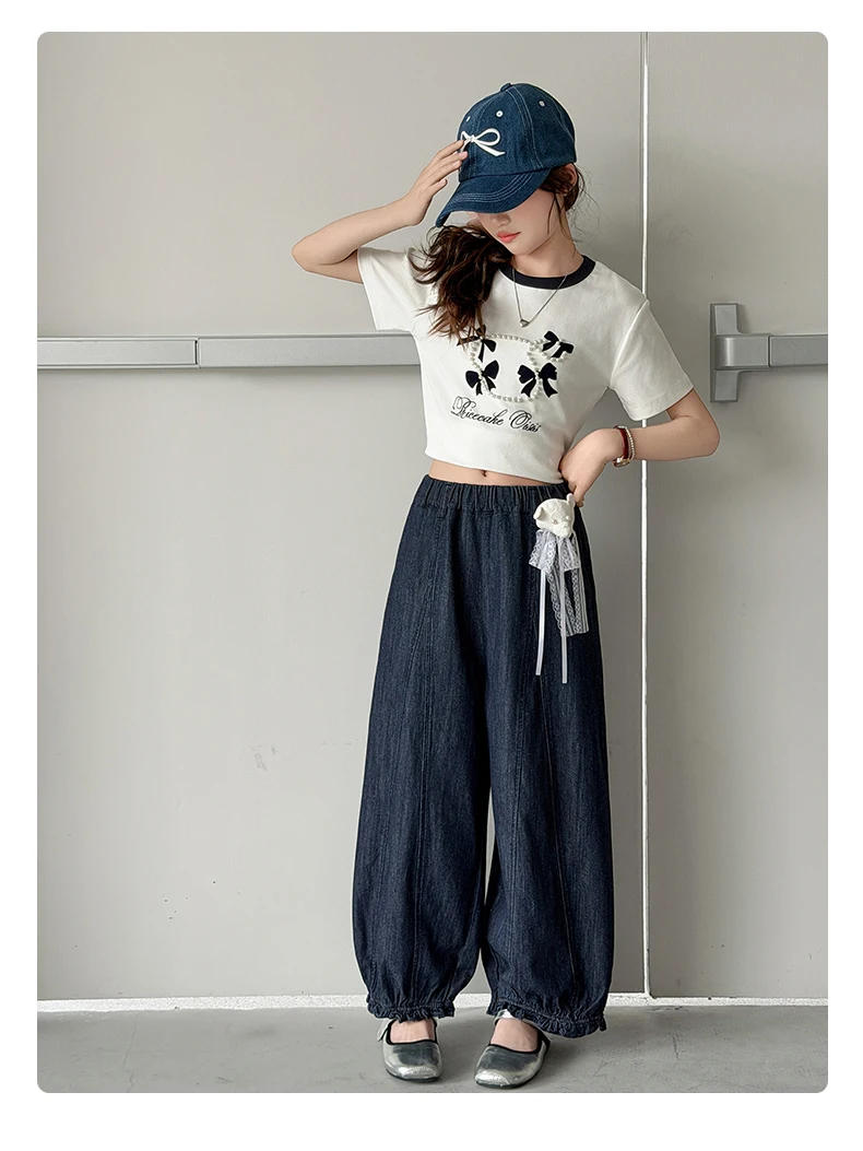 Mädchenhosen Frühling Sommer 2026 Lässige, lockere Hosen mit niedlichem Bären-Dekor, elastischem Bund und Rüschensaum, Laternenhose, Kinderkleidung – Detail 8