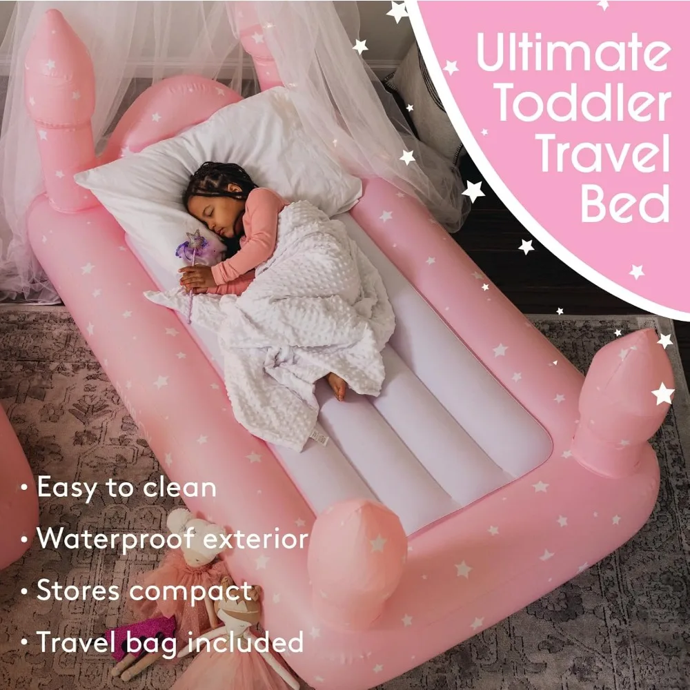 سرير قابل للنفخ على شكل قلعة وردية محمولة للأطفال مع حجم مزدوج وحقيبة تخزين