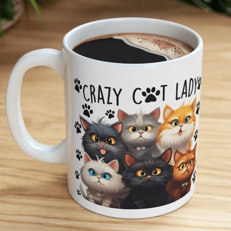 11oz Crazy Cat Lady White Ceramic Coffee Mug, Tea Cup - Sublimation Printed in  Dishwasher & Microwave Safe - Birthday Gift,