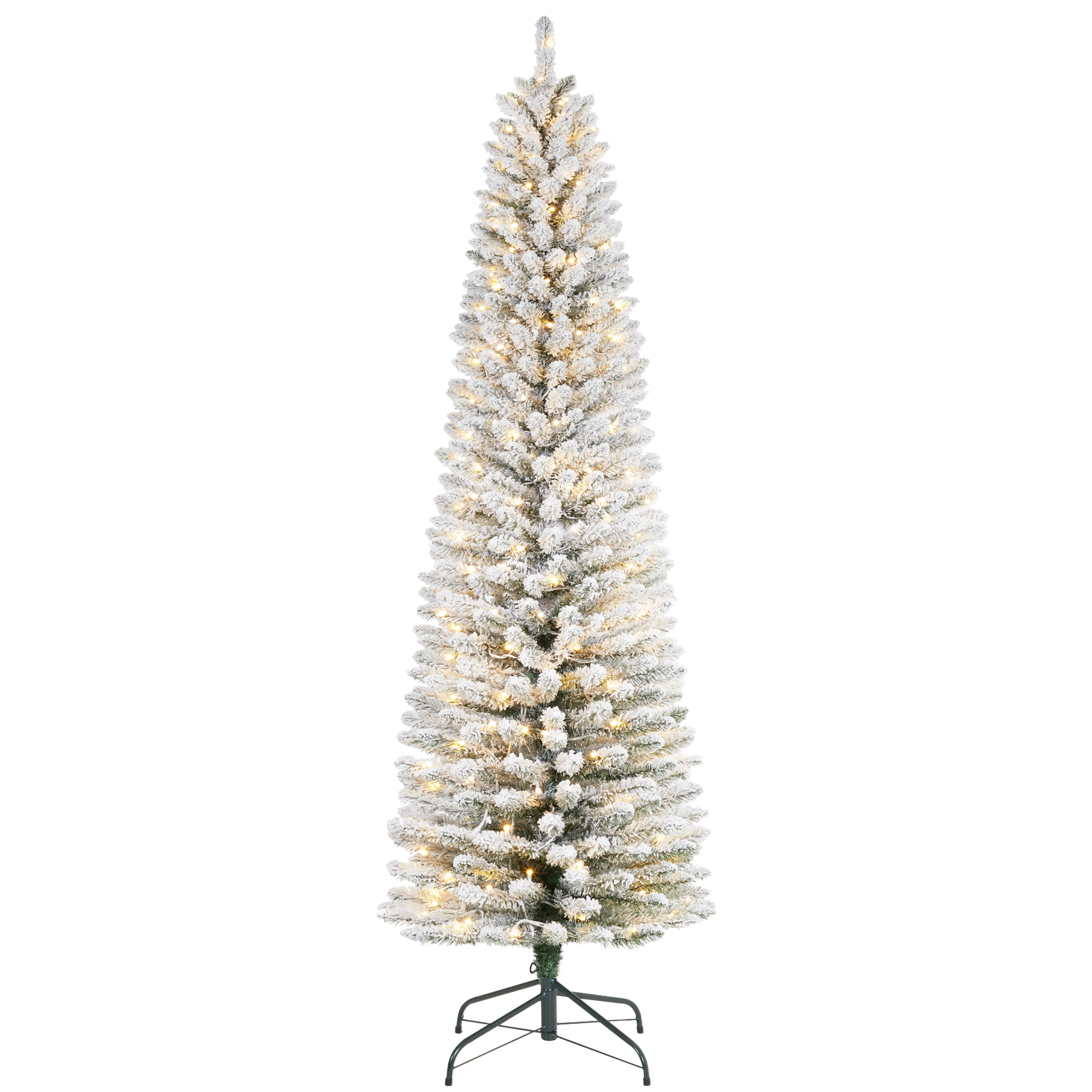 6/7.5ft Flocked Pencil Christmas Tree - Space Saving Xmas Tree Holiday Decoration for Home, 170 Full Prelighted Warm White LED Lights, Pre-lit Frosted Slim Artificial Tree, Foldable Base, Easy Assembly