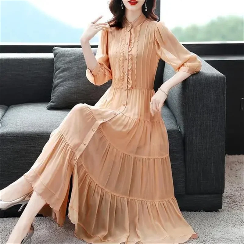 

2023 Female Heavy Weight Simulation Silk Dress High-end Women Autumn New With Waistband Brand Belly Covering Mid Length Skirt