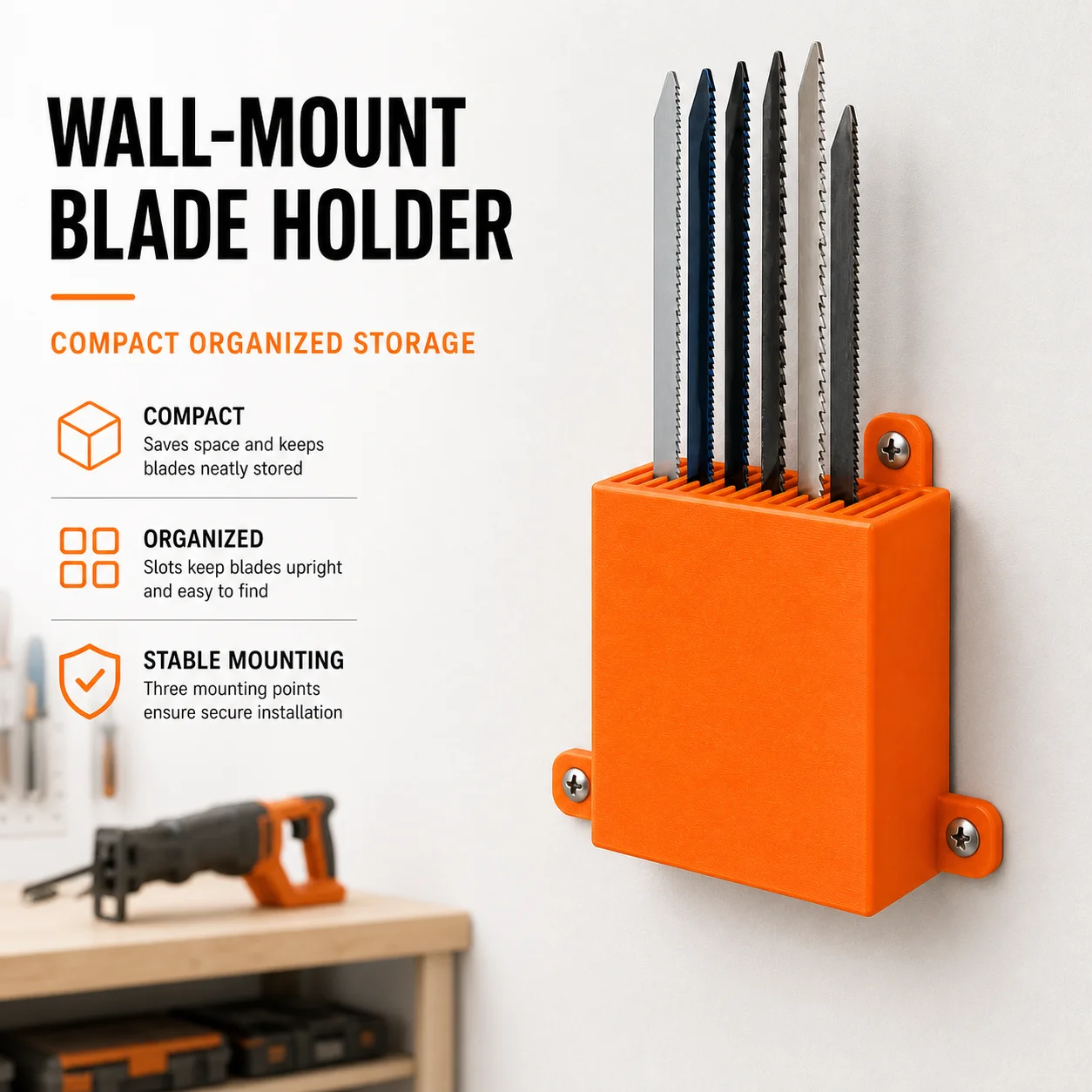Orange PETG Wall-Mounted Reciprocating Saw Blade Holder Compact Workshop Tool Storage Rack with Anti-Tip Slot Design