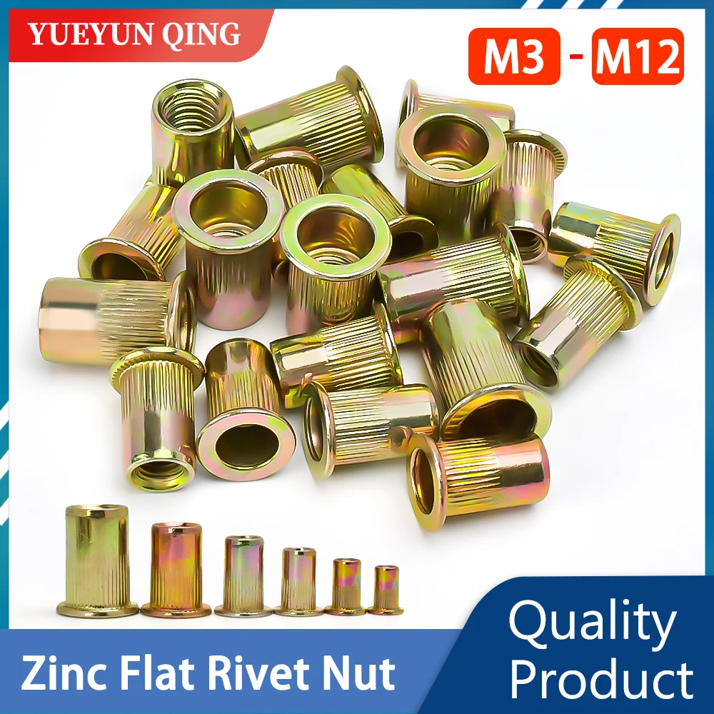 Zinc Plated Rivet Nut M3 M4 M5 M6 M8 M10 M12 Carbon Steel Rivetnut Flat Head Threaded Insert Nutsert Assortment Kit Metalworking