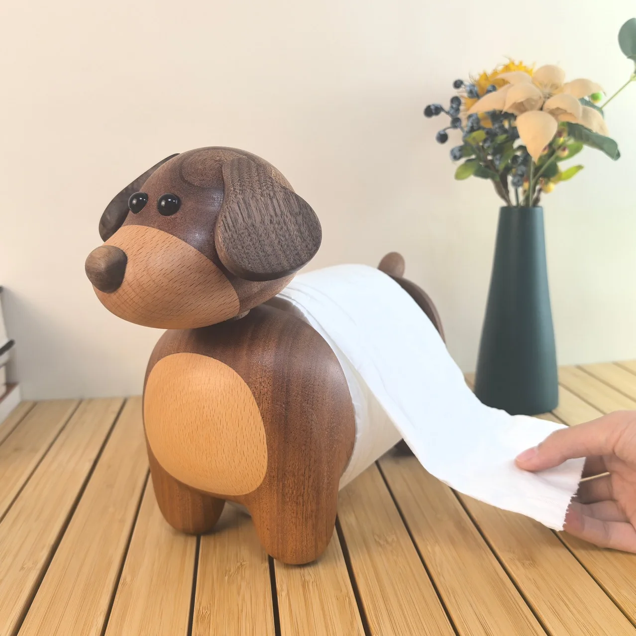 Puppy tissue holder Log roll paper holder Solid wood creative ornament Cute vertical tissue
