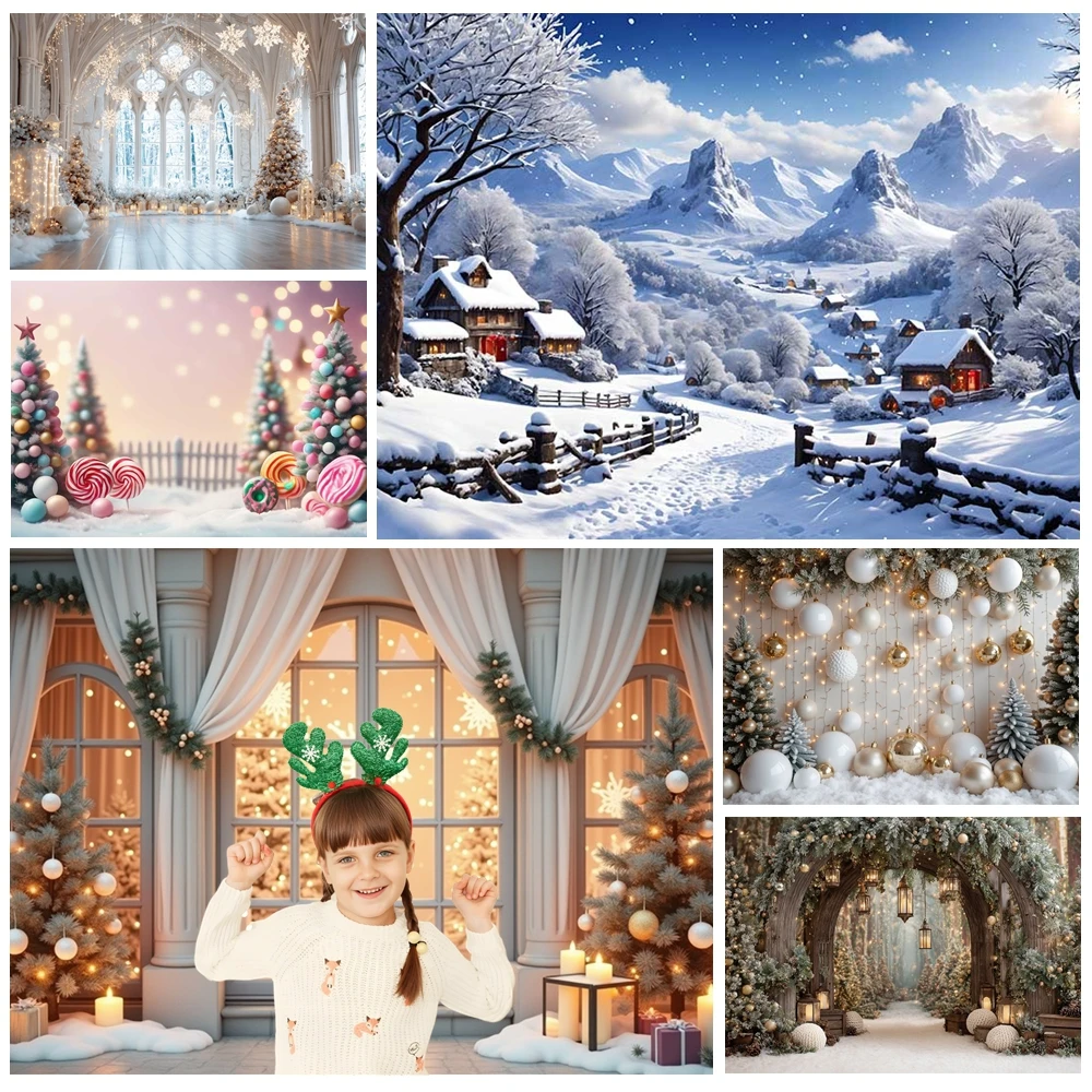 

MOON.QG Christmas Backdrop Photo Studio Xmas Trees Floral Window Arch Backgrounds For Photographs Wallpaper Child Photobooth