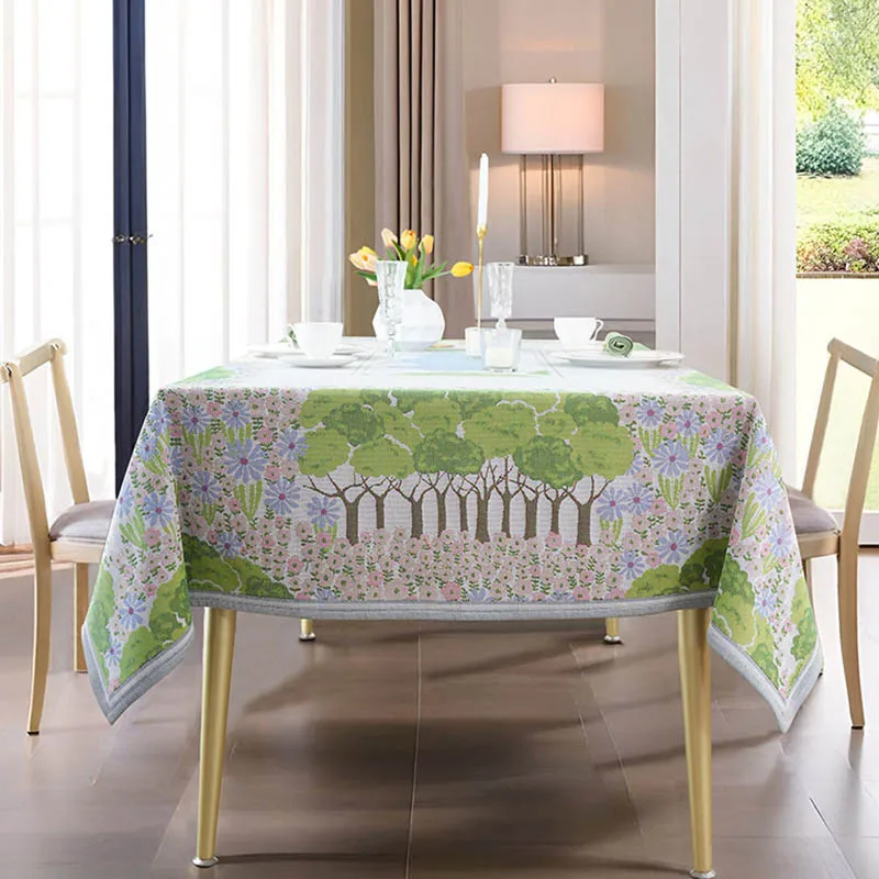 New Rustic Style Pure Cotton Jacquard Tablecloth Green Forest Table Cloth Affordable Luxury Coffeetable Cover Home Decoration
