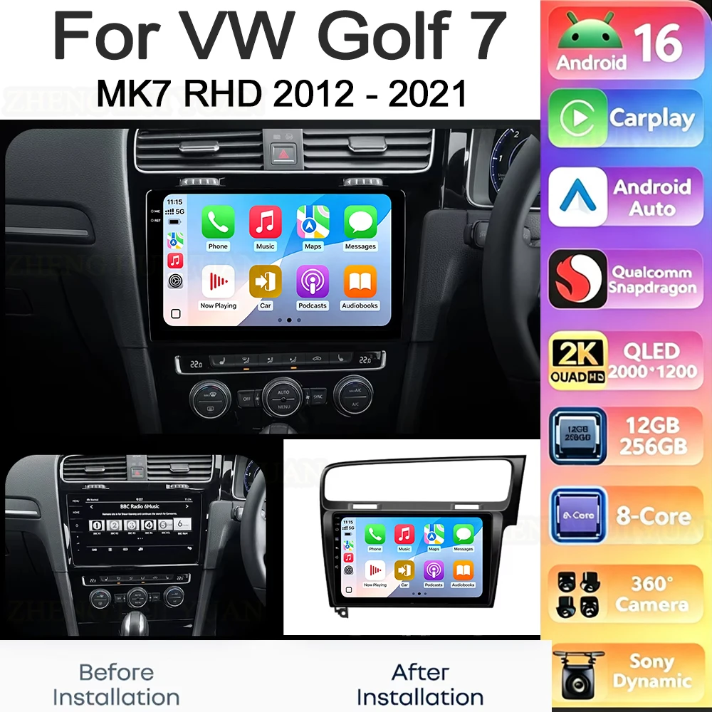 Car Radio Multimedia Video Android 16 Carplay For Volkswagen VW Golf 7 MK7 RHD 2012 2013 2015 2017 2019 2021 Player Navigation