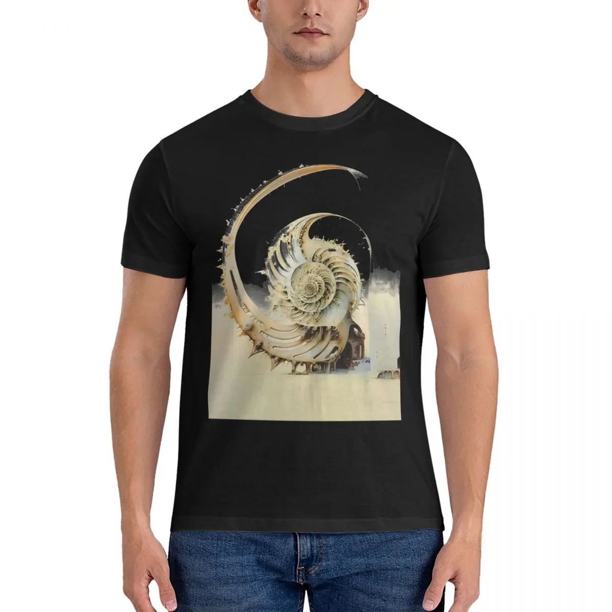 Men's T-Shirts Nautilus Shell (On A Dark Knocked Out Background) Fitted Vintage Pure Cotton Fibonacci Sequence Clothes Party