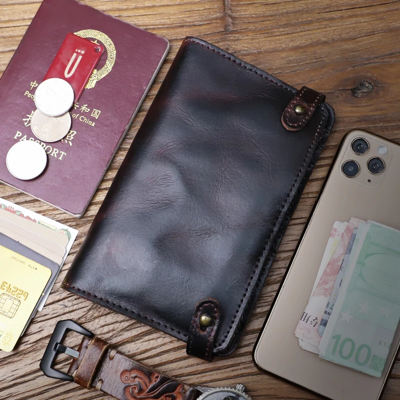 Vintage Travel Passport Bag Multi-Card Card Holder Genuine Leather Long Card Wallet Handbag Multi-Function Clutch Bag