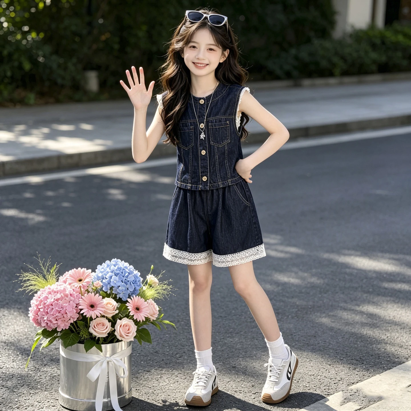 Girls' Summer Thin Cowboy Suit 2026 New Trendy Style Girls' Sleeveless Denim Top and Lace Denim Shorts Two Piece Set For 4-14Yrs