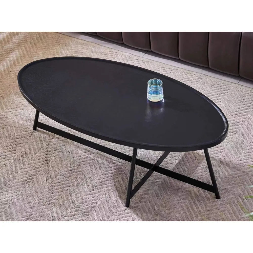 Walnut Living Room Coffee Table with Metal Frame, 43.3 Diameter x 21.6 Width x 15.7 Height, Black Wood and Metal Base