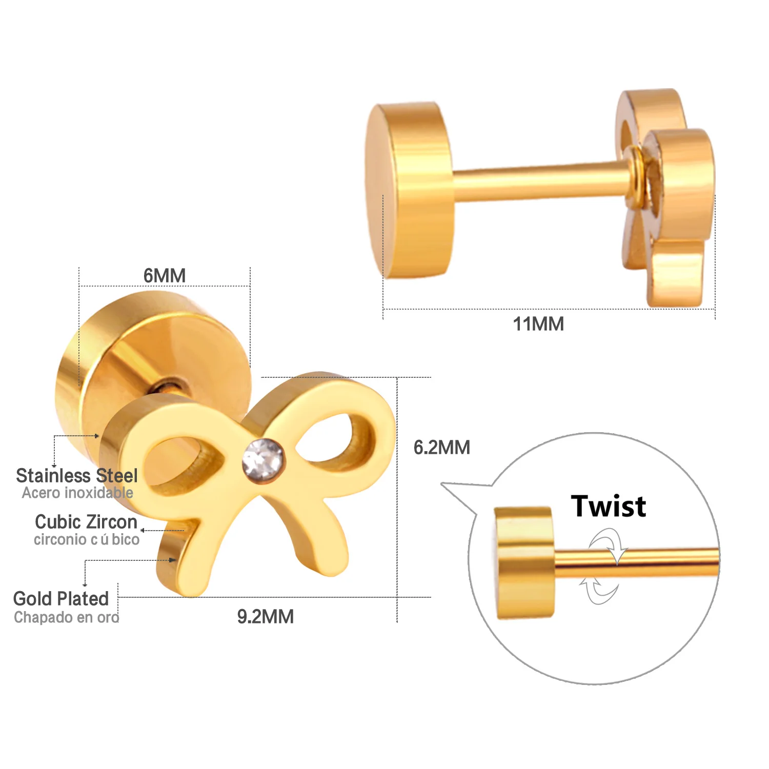 1Pair Bow Stud Earrings Stainless Steel Cut Design Screw Back Earrings Cute Delicate Small Ear Jewelry for Daily Wear