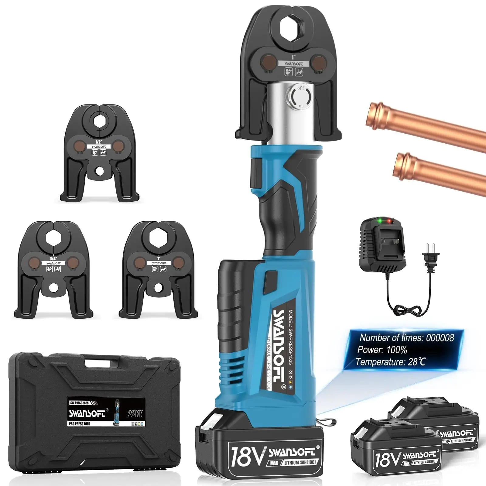 أداة مكشكشة نحاسية 22KN 18V 4Ah مع 3 أداة تجعيد أنابيب فكي قياسية أمريكية، أداة ضغط لاسلكية