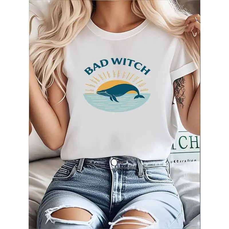 

European and American Women's Loose Top, Dolphin Print Pure Cotton Top, Short-sleeved, Street Fashion T-shirt