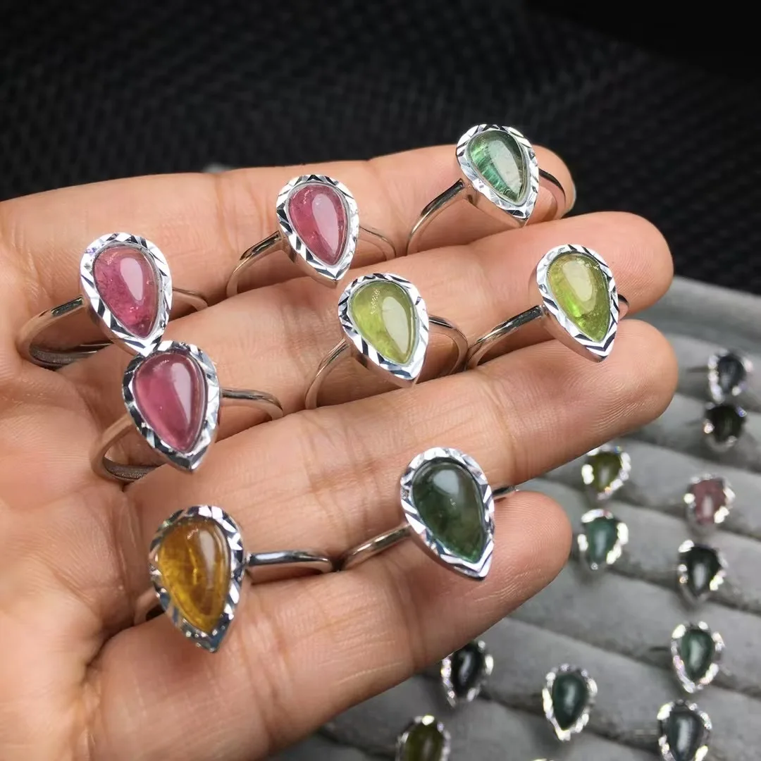 

1Pc Fengbaowu Natural Green Pink Yellow Tourmaline Ring Water Drop 925 Sterling Silver Reiki Healing Stone Jewelry Gift Women