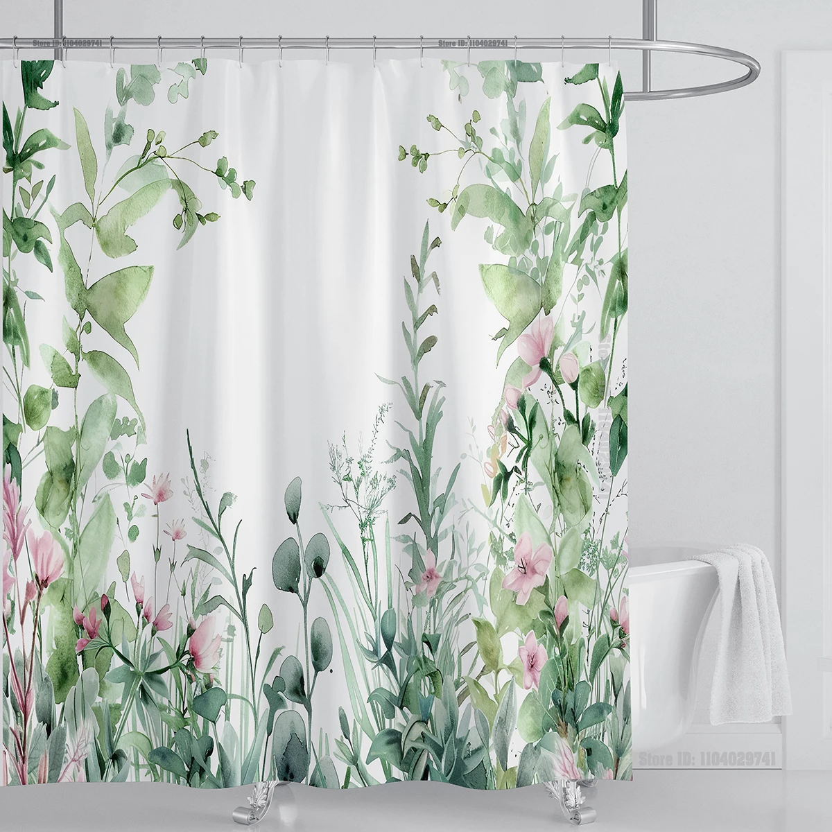 Watercolor Leaf Shower Curtain Sets Waterproof Plant Floral Shower Curtain Leaves Fabric Cloth Bathroom Curtains with Hooks