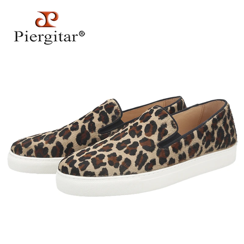 Piergitar Calfskin With Fur Of Leopard Pattern Men Sneakers Handcrafted Slip-On Man's Casual Shoes Heighten White Color Bottom