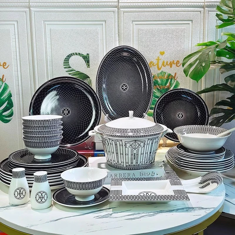 

European bone china 58 tableware combination set light luxury black background black line western food plate rice bowl soup pot