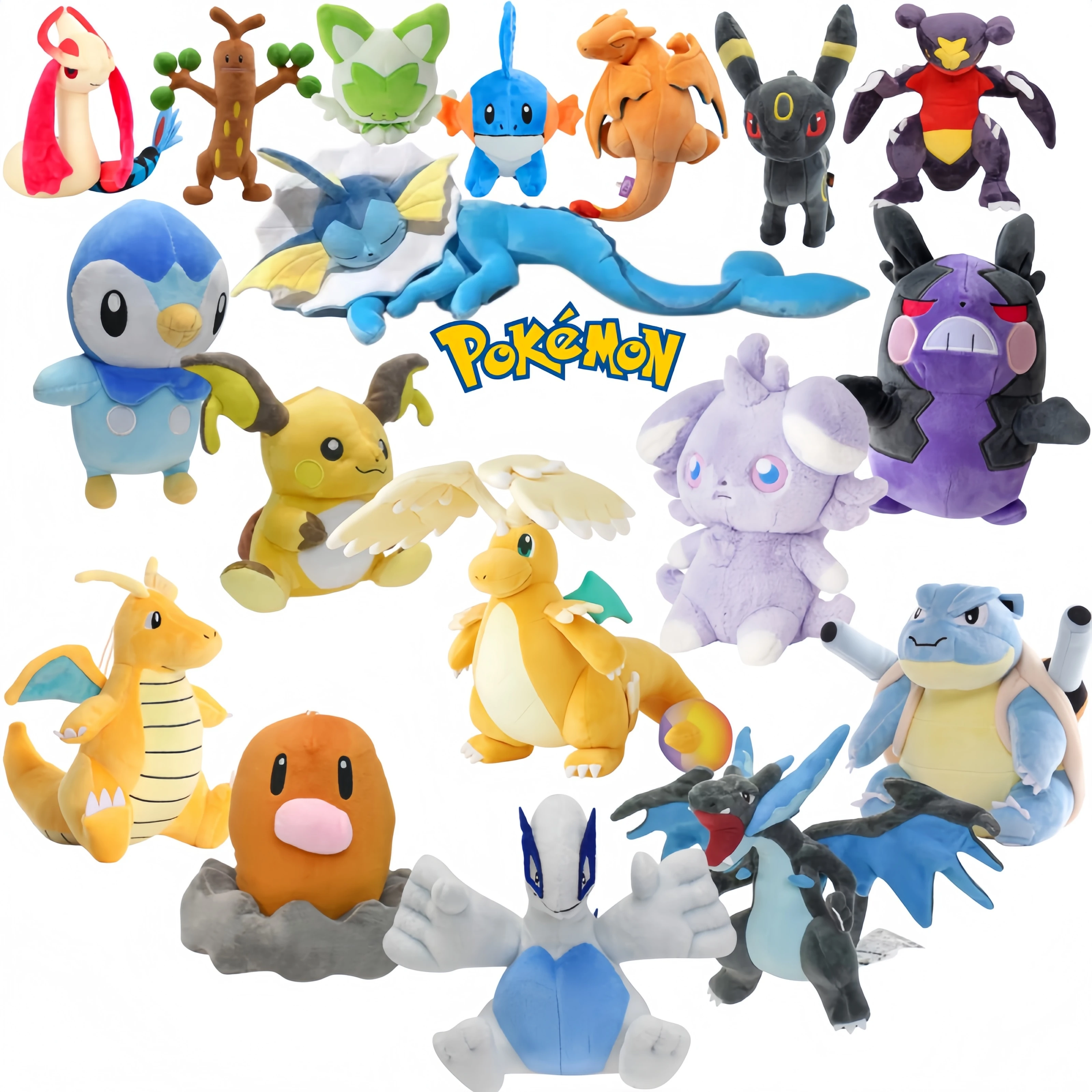 Brinquedo de Pelúcia POKEMON Mega Dragonite Lugia Raichu Espurr Pikachu Peluche Shiny Charizard XY Garchomp Boneco de Pelúcia Milotic Morpeko