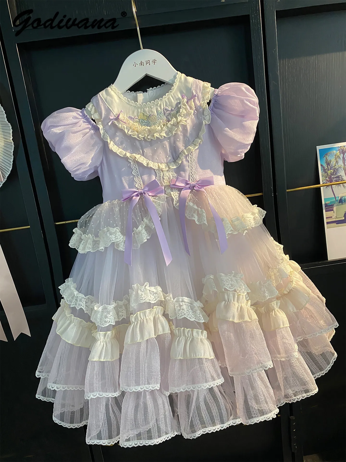 2026 Summer New Girls Purple Lolita Princess Dress Girls Bubble Sleeve Lace Collar Ruffle Trim Bow Birthday Party Tulle Dresses