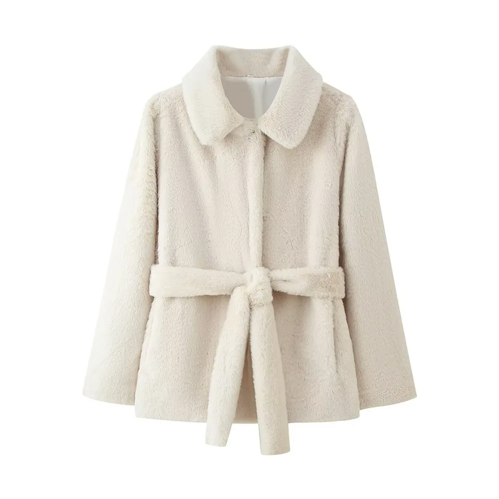

Winter new women's fashion outfit with a belt and faux fur effect coat jacket