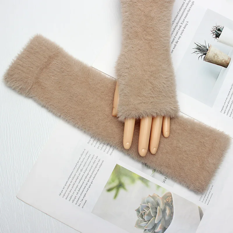 Women Lovely Autumn Winter Warm Plush Fingerless Soft Knit Writing Glove Medium Long Styles Half Finger Touch Screen Mitten P74