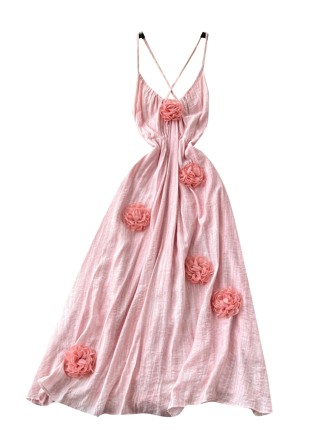 นางฟ้าสีชมพู Dr ฤดูร้อน 2025 Bal ปิดไหล่ดอกไม้เย็บปักถักร้อยหลวมแลดูผอมกระโปรงยาวเกาหลี Sle เอวสูง A-Line...