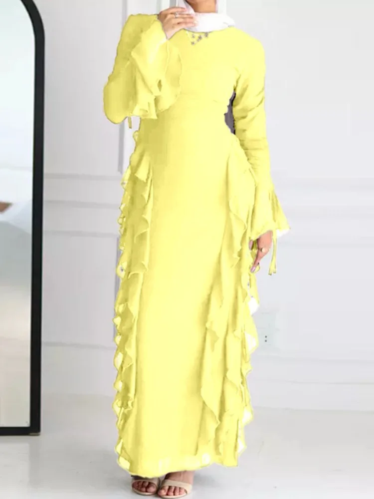 Uoozee Elegant Yellow Evening Maxi Dresses For Women 2025 New Spring Autumn Flare Sleeves Falbala Lace-up Prom Party Long Dress